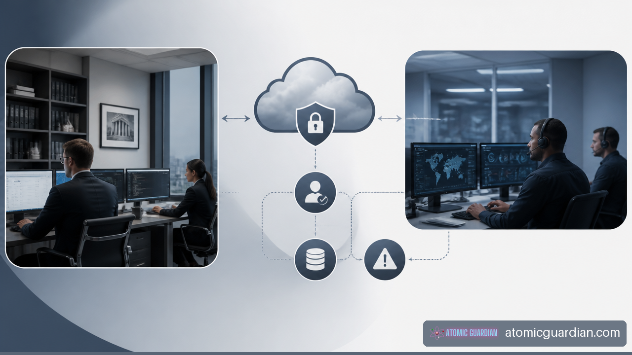 Illustration of a law firm internal IT team and managed service provider sharing cybersecurity responsibilities.