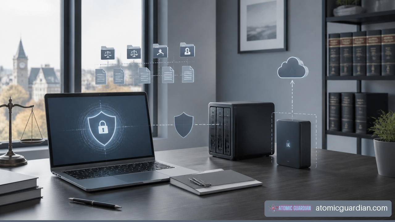 Illustration of protected legal files, secure endpoint devices, and isolated backups for law firm recovery planning.