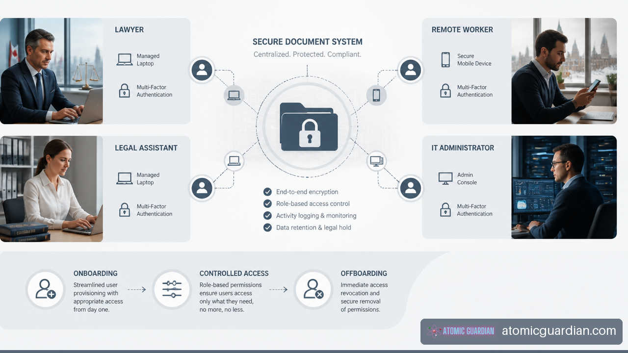 Illustration of secure access controls, onboarding, and remote IT support for law firm employees.