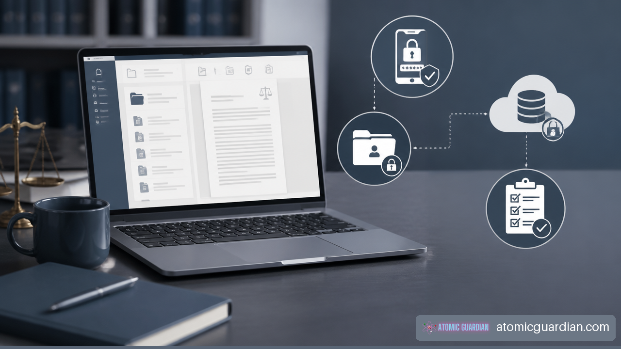 Illustration of secure document access, multifactor authentication, cloud backup, and recovery planning.