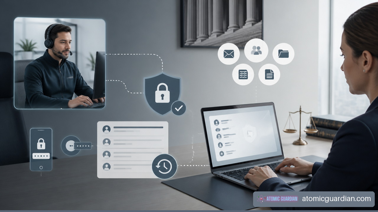 Illustration of secure remote IT support controls for a legal office.