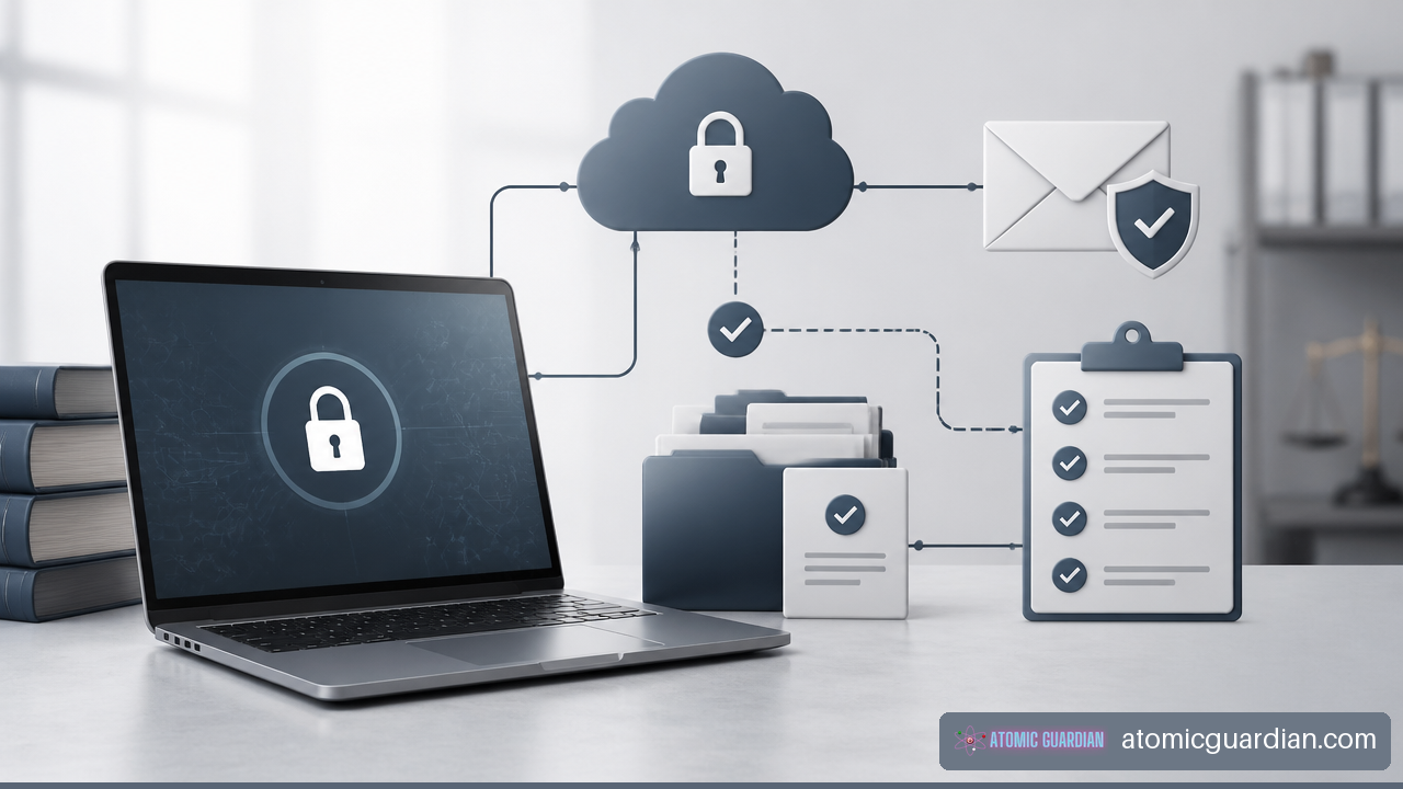 Illustration showing encrypted devices, secure email, cloud backup, and recovery planning for a law firm.
