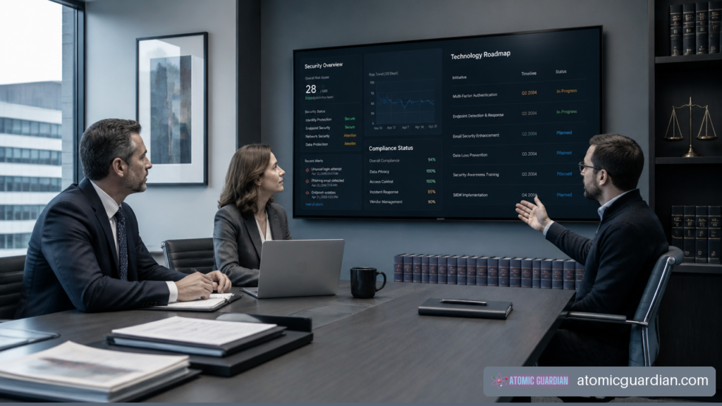 Law firm leaders and an IT professional reviewing cybersecurity and co-managed IT plans.