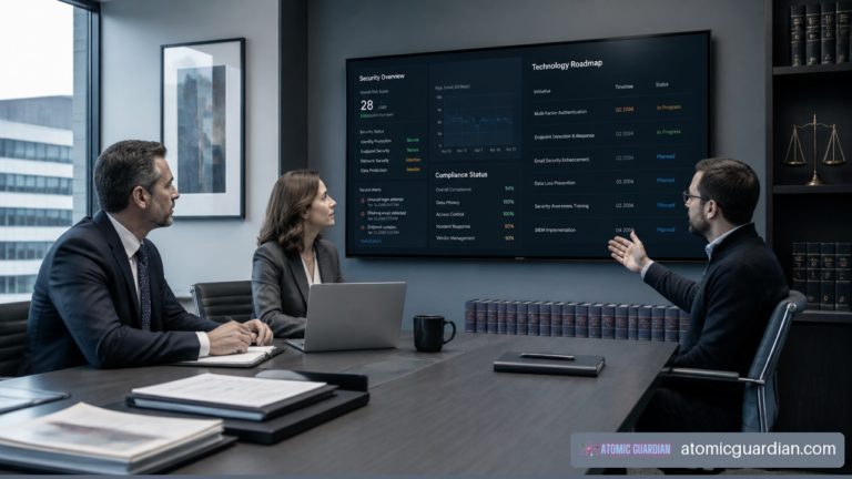 Law firm leaders and an IT professional reviewing cybersecurity and co-managed IT plans.