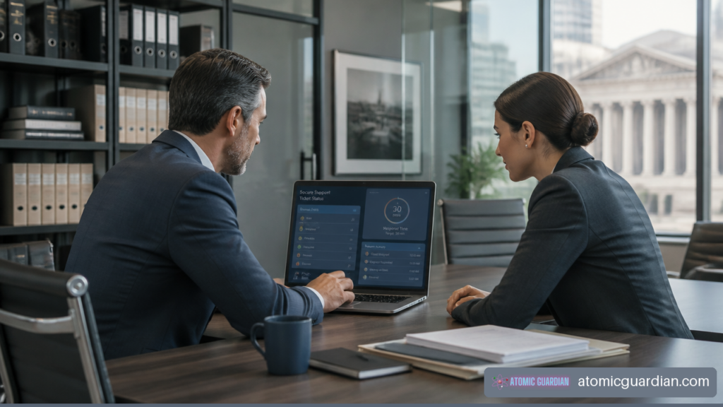 Law firm leaders reviewing IT support response status on a laptop in a modern office.