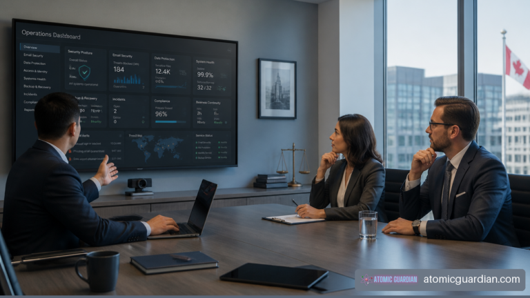 Law firm leadership reviewing an IT incident response dashboard during a technology outage.