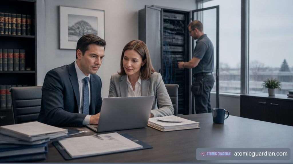Law firm staff and an IT technician reviewing secure office technology in a York Region legal office.