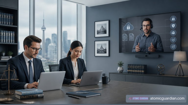 Law firm staff receiving secure remote IT help desk support in a modern GTA office