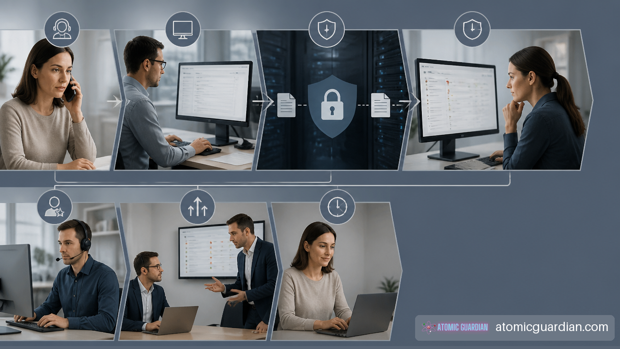 Legal help desk workflow showing ticket triage, severity levels, and response-time escalation