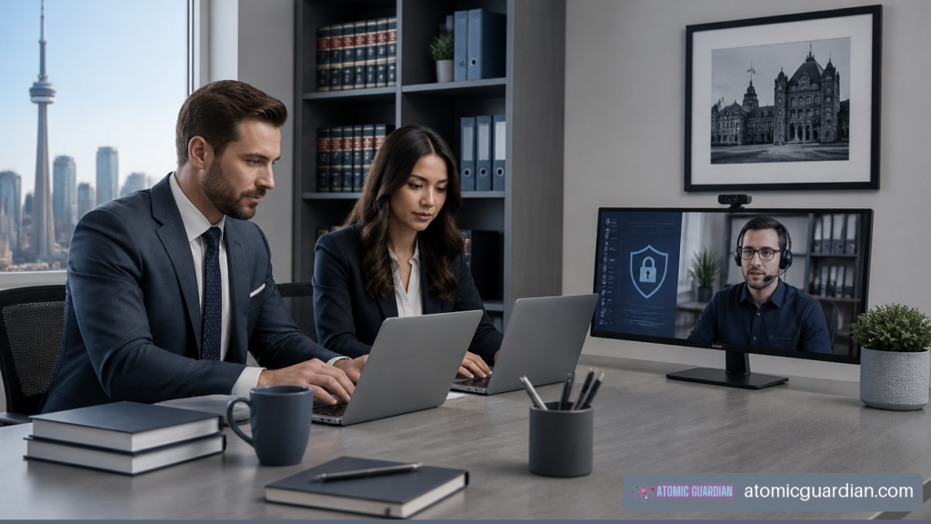 Ontario law firm employees receiving secure outsourced IT support in a modern office.