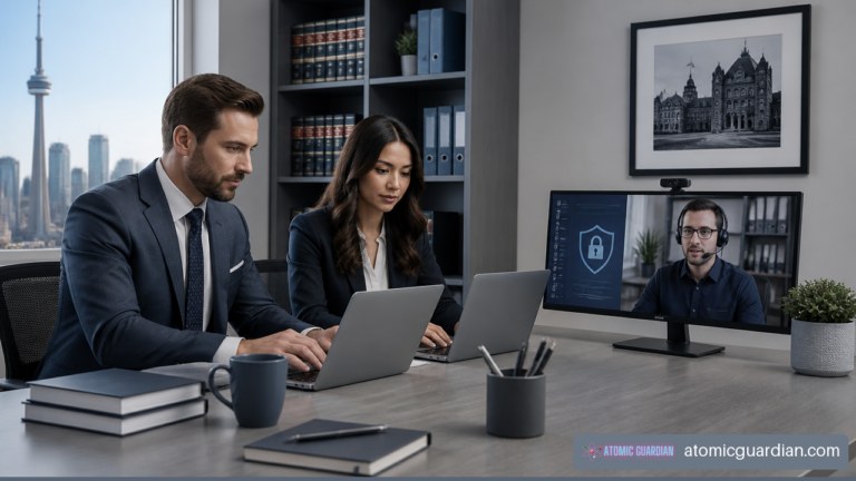 Ontario law firm employees receiving secure outsourced IT support in a modern office.