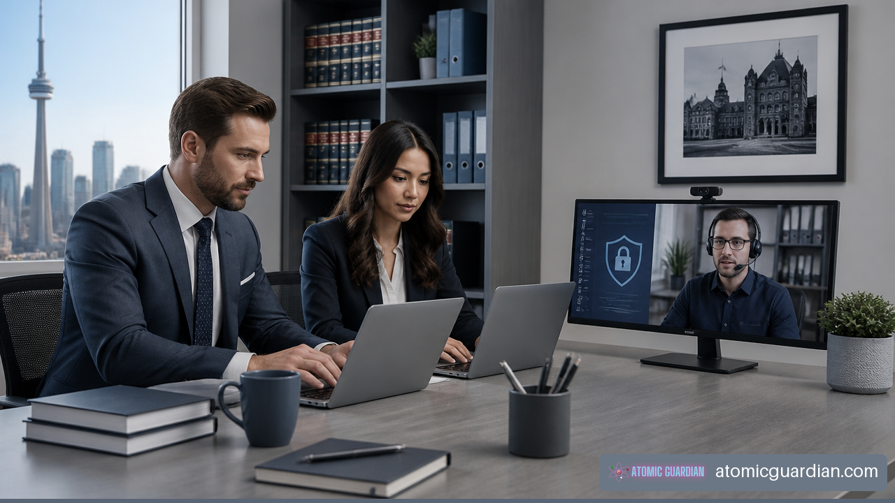 Ontario law firm employees receiving secure outsourced IT support in a modern office.