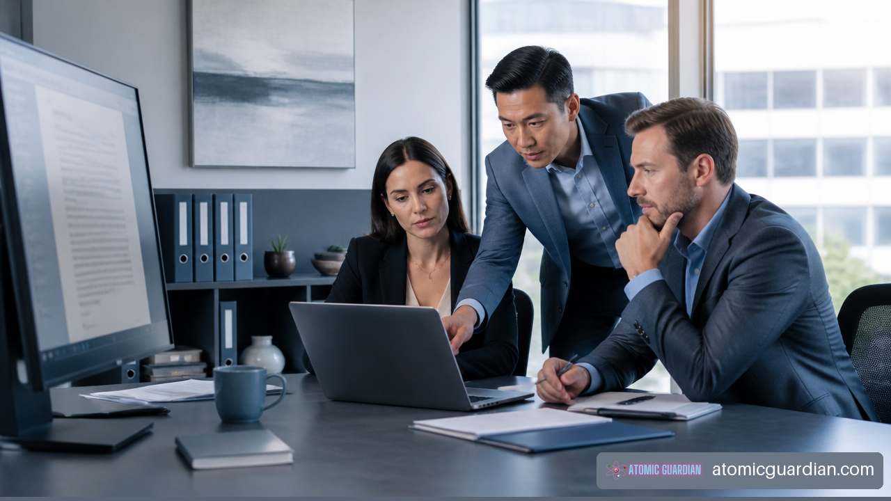 Small business leaders reviewing secure legal technology and document workflows in a Vaughan office.