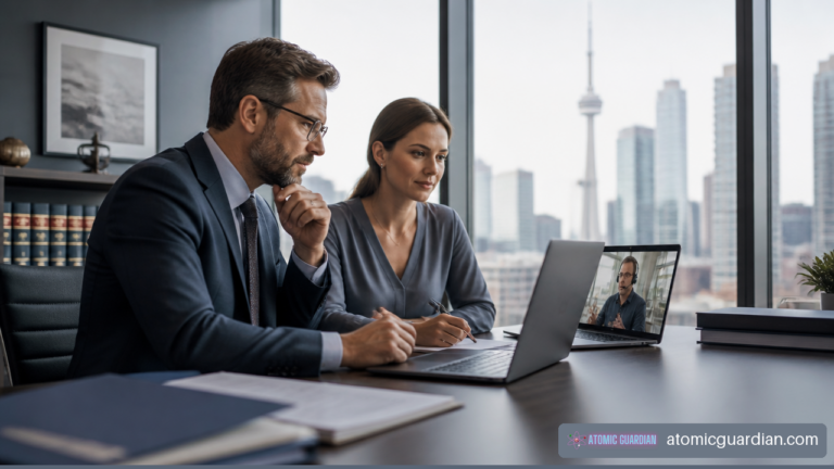 Toronto legal office staff receiving secure remote IT support on a laptop.
