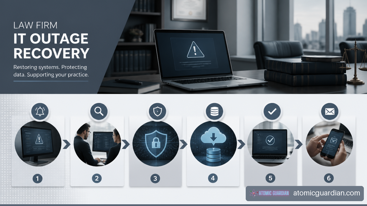 Visual workflow showing detection, triage, containment, backup restoration, verification, and communication during a law firm IT incident.
