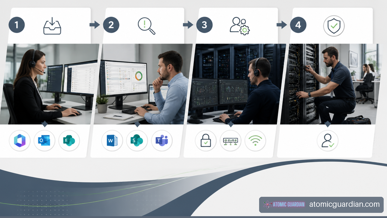 Visual workflow showing law firm IT ticket intake, triage, escalation, and resolution